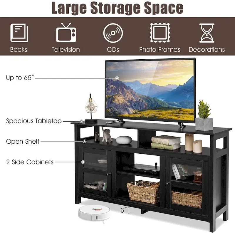 58 TV Stand Entertainment Console W/ 2 Cabinets Up to 65 Black - 58 inches
