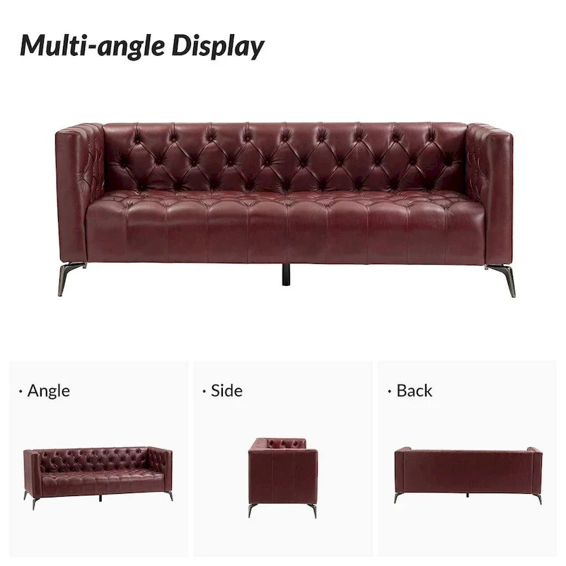 Transitional Genuine Leather Sofa with Metal Legs and Tufted Back
