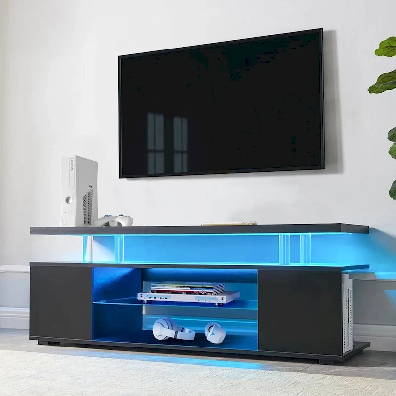 Black 51  TV Stand with LED & Open Storage for 70  TVs