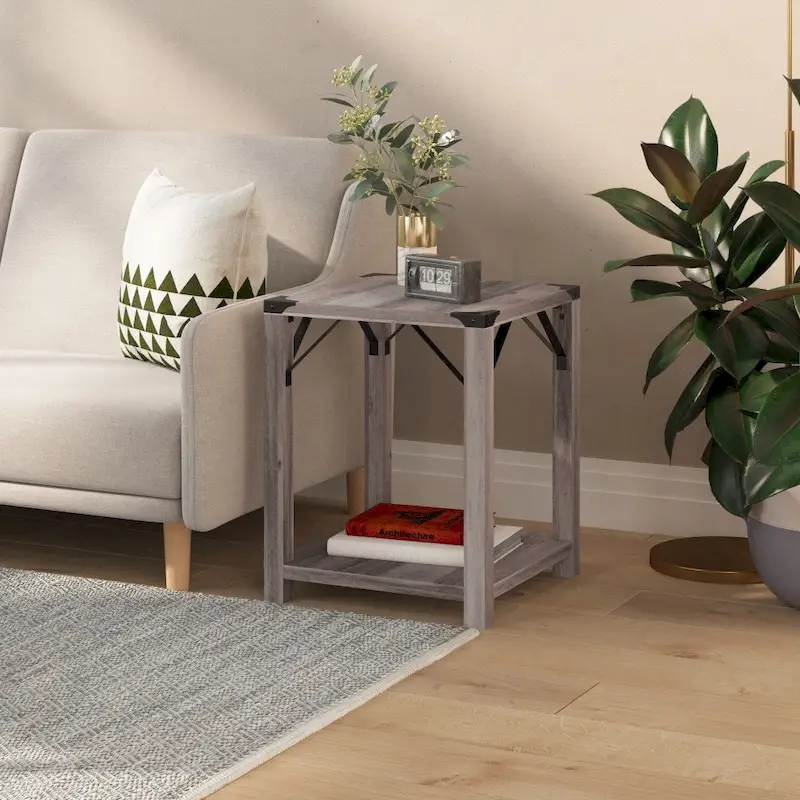 Gray Wash / Rustic Oak 2-Tier Farmhouse Side Table with Metal Braces & Corner Caps