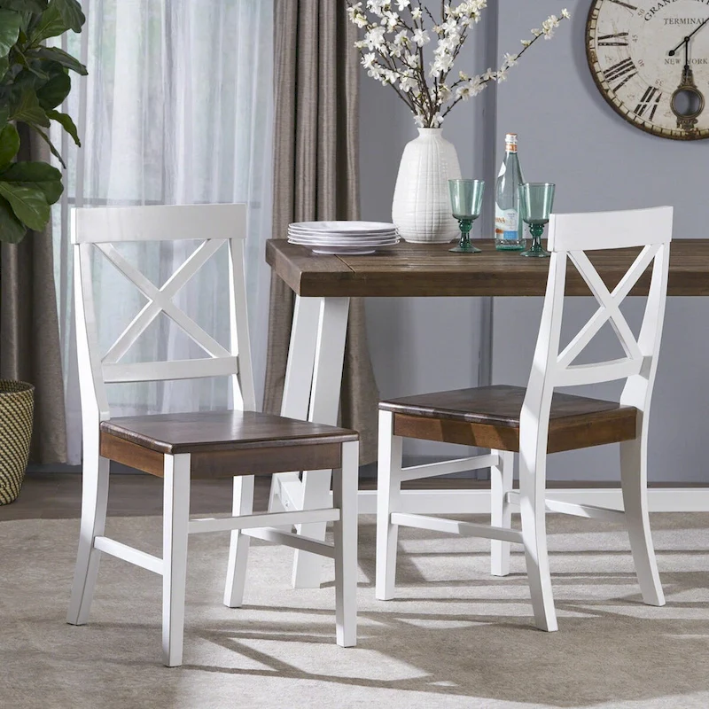 Farmhouse Acacia Wood Dining Chairs, White / Walnut 21D x 17.75W x 35.5H Inch