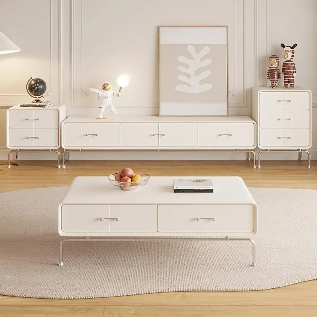 Contemporary White Wooden TV Stand with Drawers and Cabinet