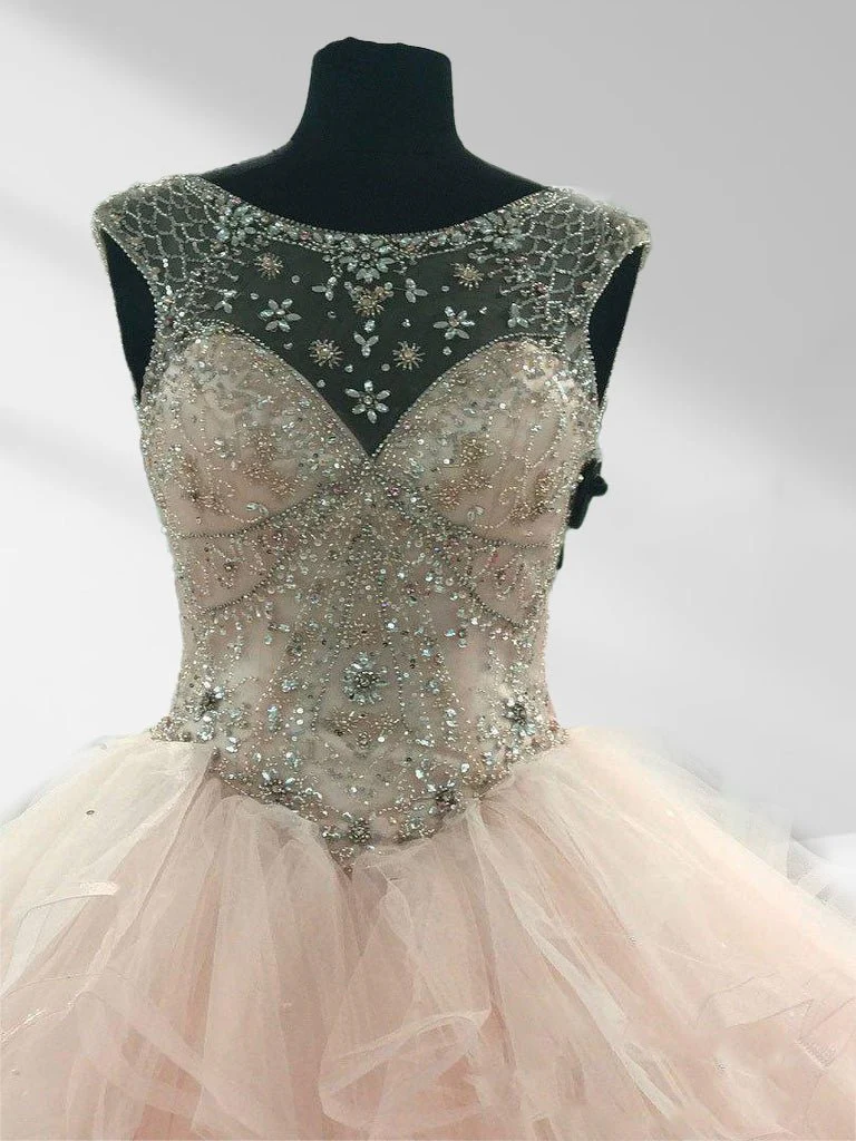 Ball Gown See Through Neck Tulle Light Pink Quinceanera Dresses