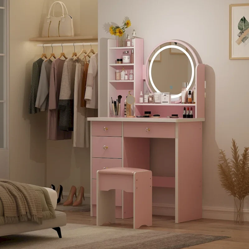 5-Drawers Makeup Vanity Table Set with Lighted Mirror (PINK/BLACK)