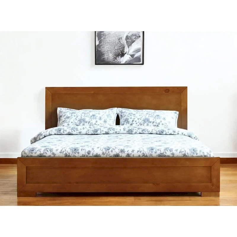 HomeRoots Oak Inlaid Panels Solid Wood King Bed Frame