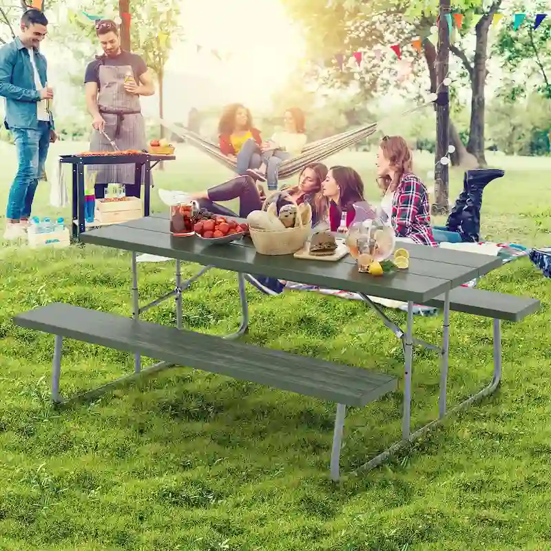 Gymax Folding Picnic Table w/ 2 Benches 6 FT Camping Table Set w/