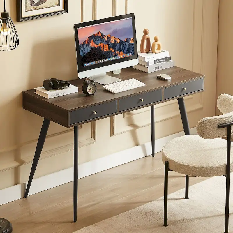 Mid Century Writing Study Desk with 3 Storage Drawers and Walnut Finish for Home Office and Bedroom or Study