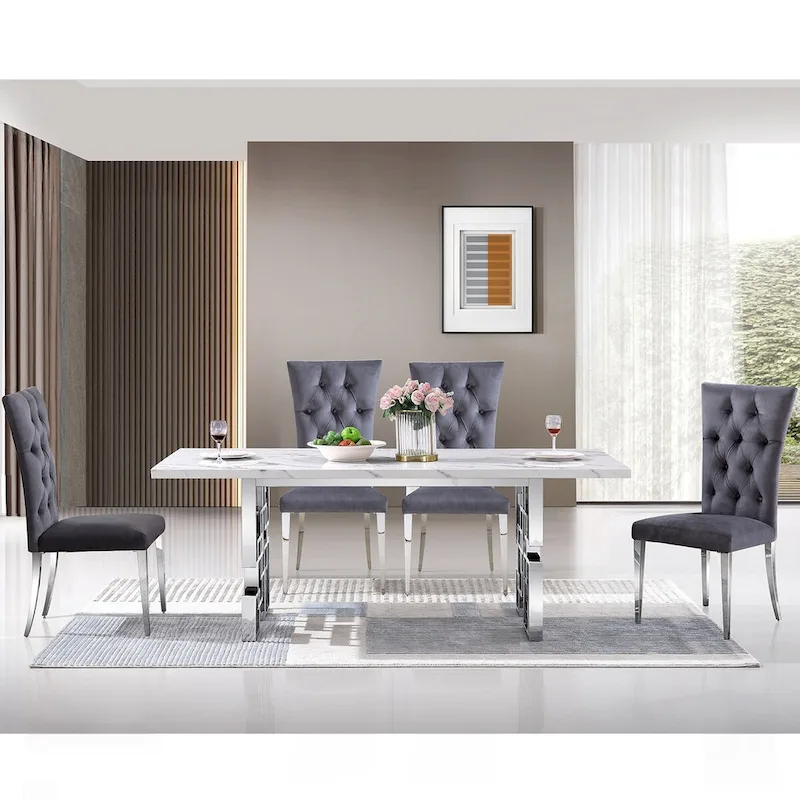 Luxury White Faux Marble Dining Table with 78 inch Top and Metal Base