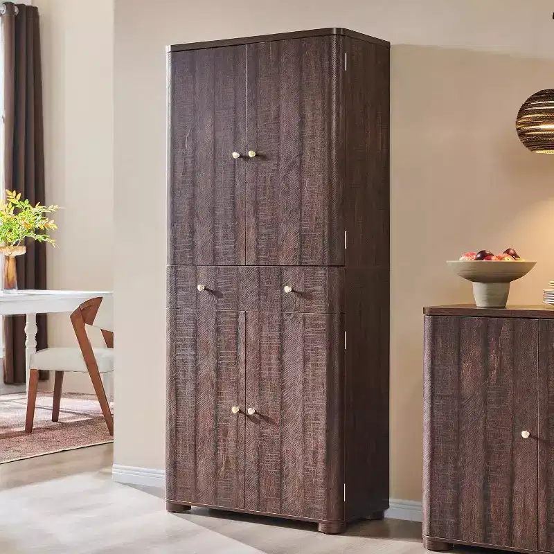 71 Tall Kitchen Pantry Storage Cabinet, Modern Kitchen Storage Cabinets with 4 Doors and 6 Adjustable Shelves,Wooden Curved Kitchen Cabinet