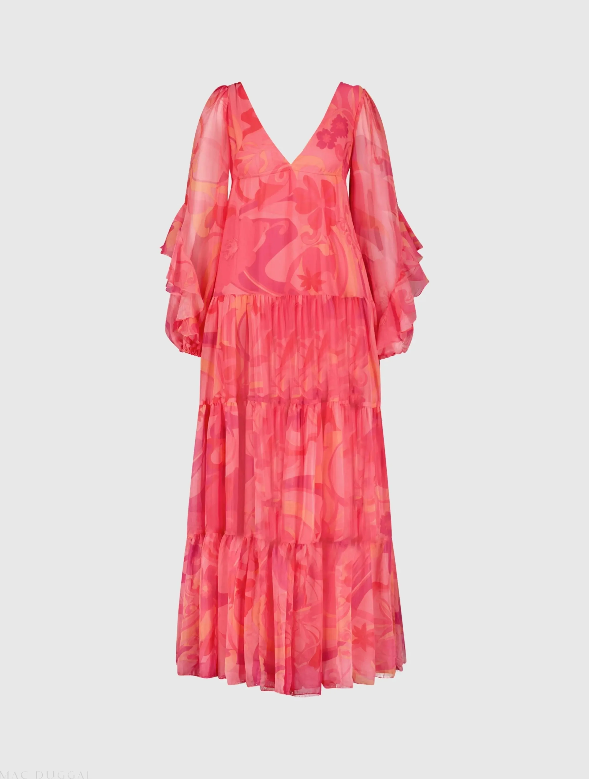Pink Hibiscus Printed Chiffon Ruffle Long Sleeve V Neck Maxi Dress