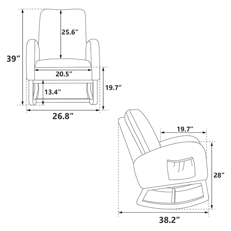 Modern Upholstered Rocker Armchair With Side Pocket, High Back Wooden Nursery Chair