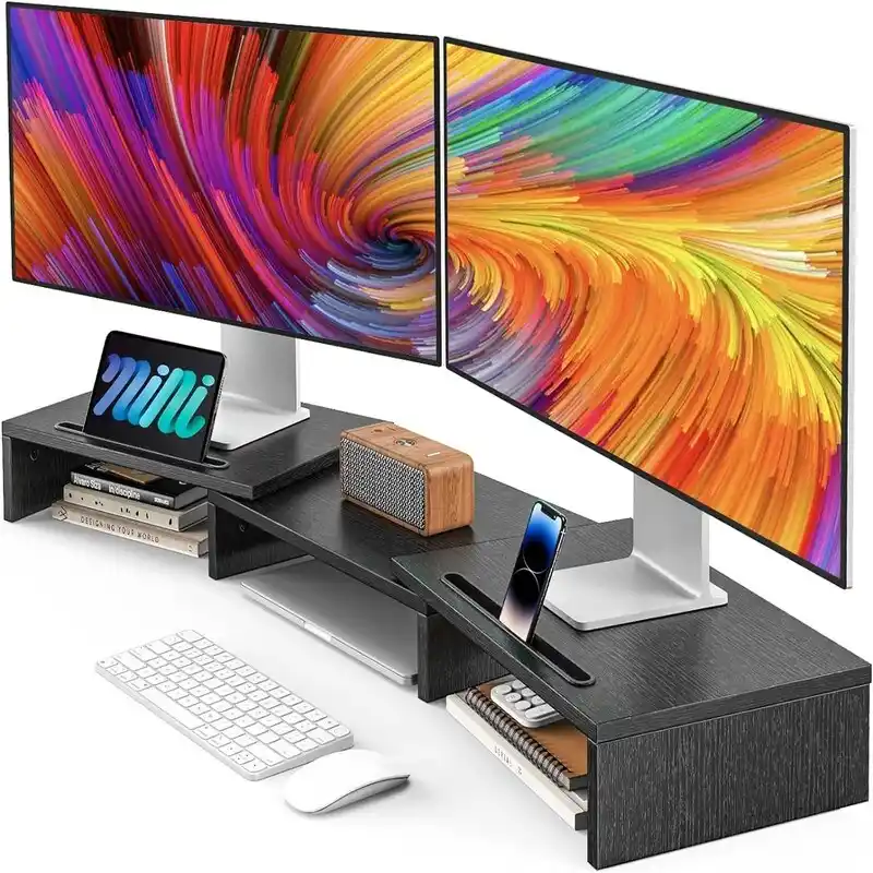 Dual Monitor Stand Riser – Light Wood / Black, 2-Screen