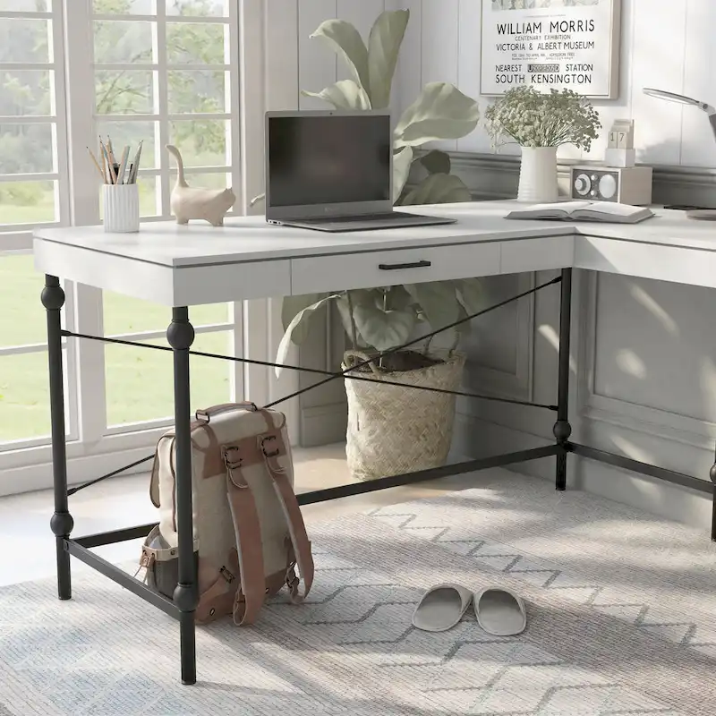 Haley Farmhouse 59-inch Metal L-Shaped Computer Desk with USBs by Furniture of America