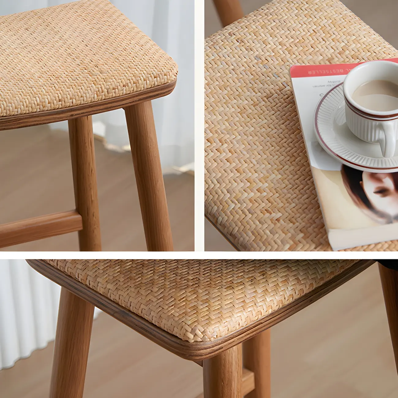 Brown Oak Wood  Ratten Seat Backless Counter Bar Stools