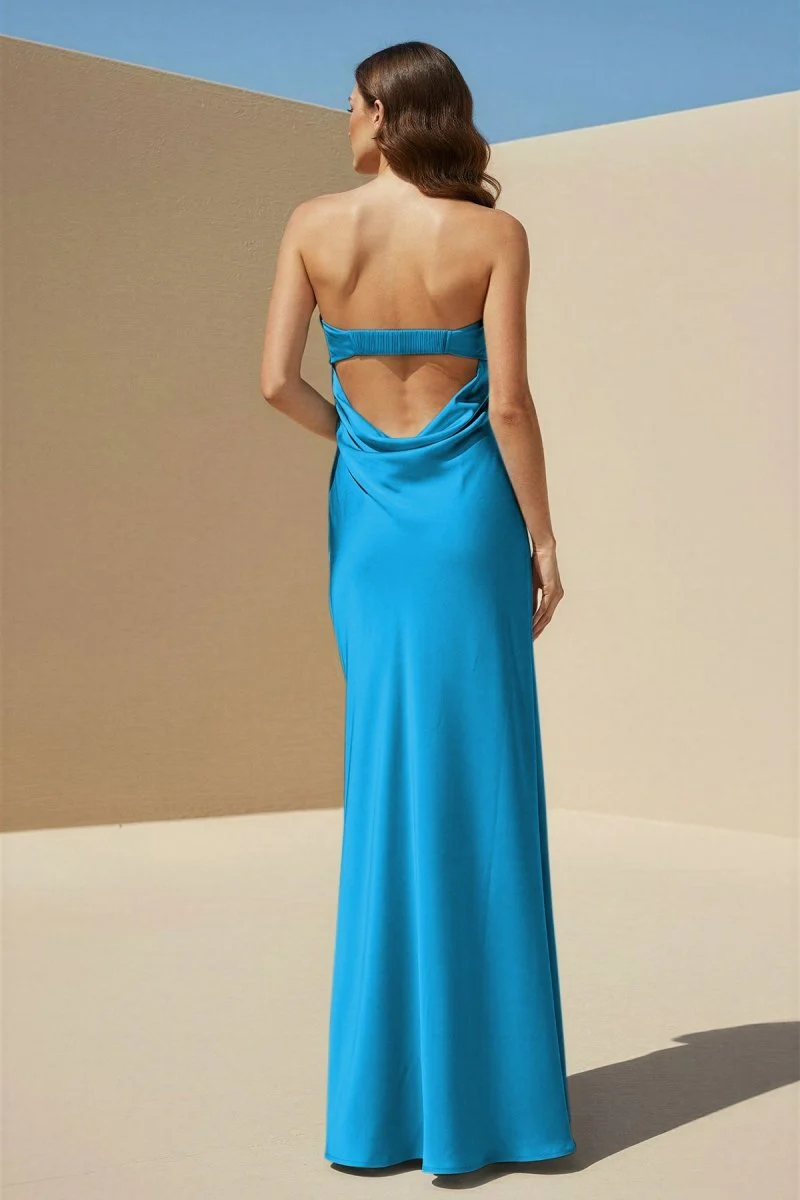 Sky Blue Strapless Sheath Satin Pleated Open Back Long Prom Dresses