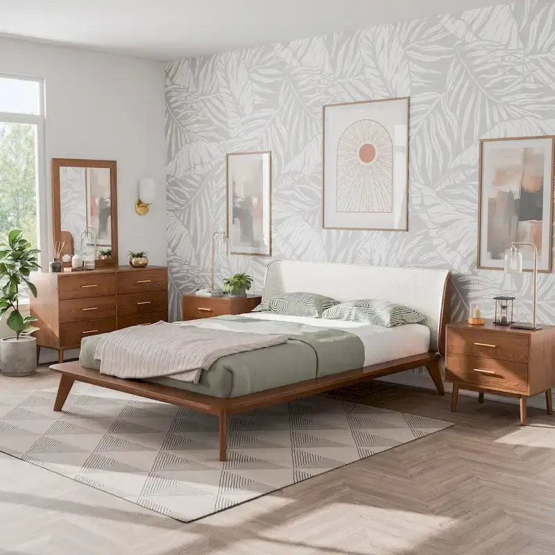 Furniture of America Beau Midcentury 5-Piece Boucle Wingback Queen Low Profile Bedroom Set