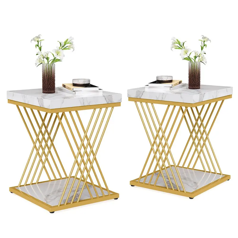 19.75 Inch Faux Marble Square End Table, Modern Bedside Tables, Gold Accent Table Living Room
