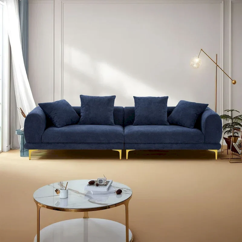 Fabric Sofa with Recessed Arms & Metal Legs – Blue / Beige, Mid-Century Modern, Seats 4