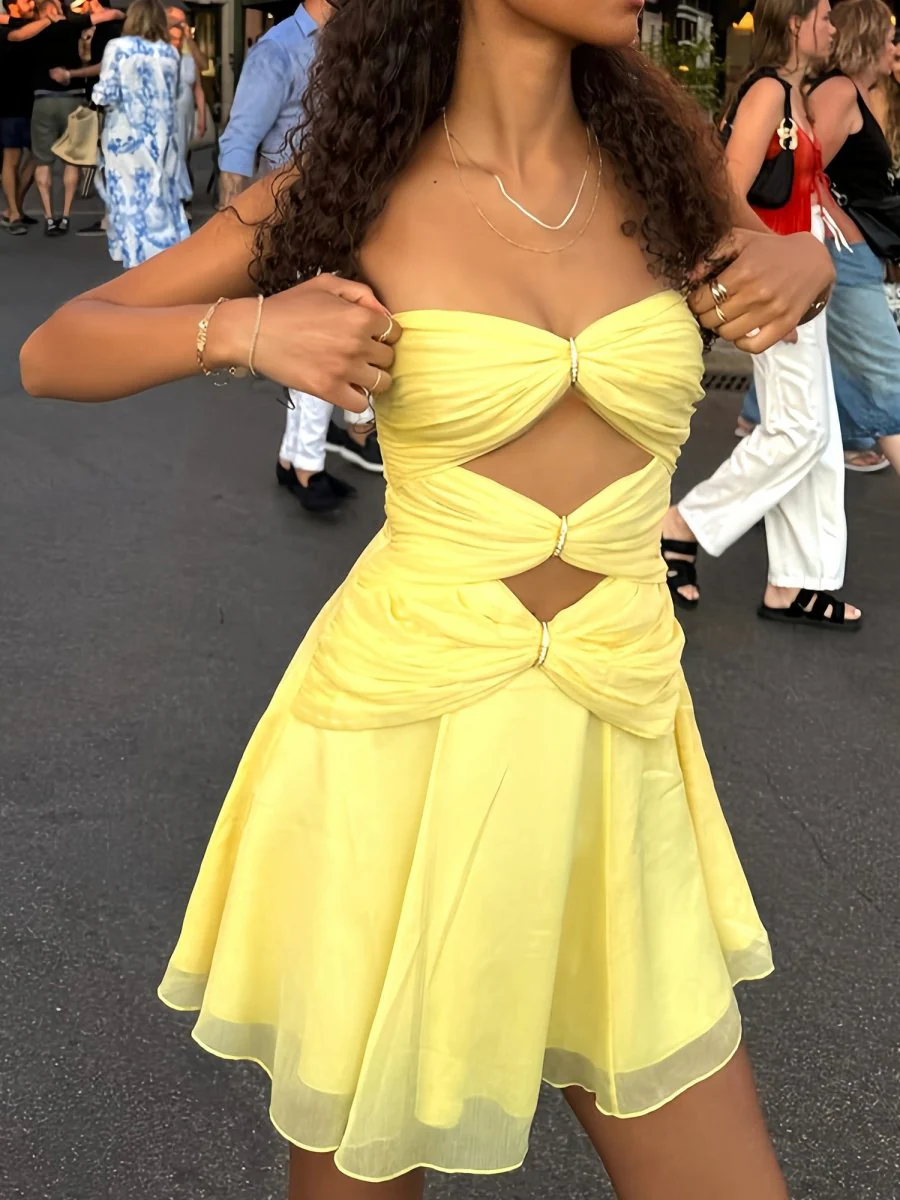 Yellow - Strapless A Line Chiffon Cutout Short Homecoming Dresses With Beading