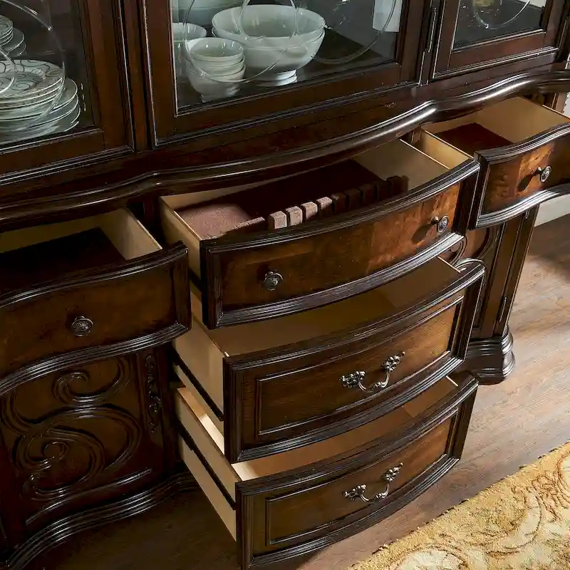 Traditional Hardwood Dining with Double Pedestal Table & Carved Chairs – Pecan, Seats up to 10