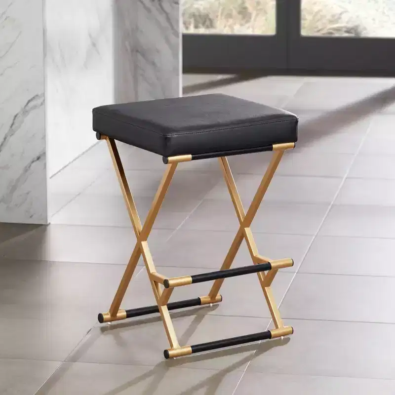 55 Downing Street Metal Bar Stool Gold 25 High Mid Century Modern Black Faux Leather Cushion with Footrest for Kitchen Counter Height Island Home