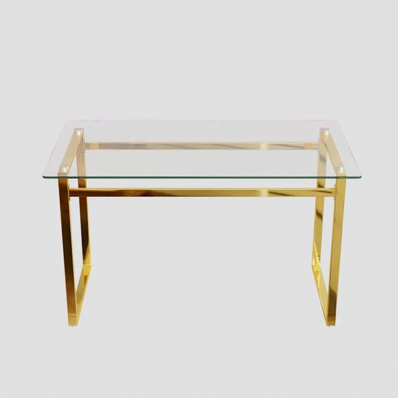Gold Rectangular Tempered Glass Dining Table with Metal Legs, Seats 4–6