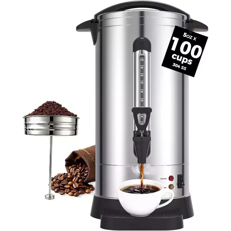 Commercial Stainless Steel Coffee Urn 304 Double Wall Electric Coffee Maker Hot Water Dispenser Fast Brewing for Home Office Catering Events