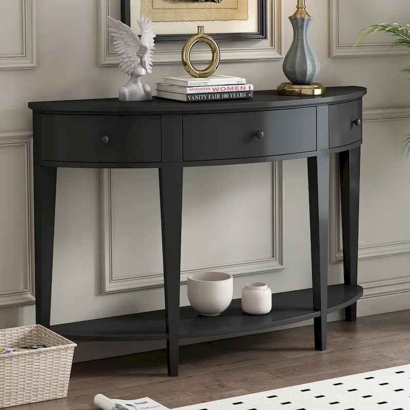 Modern Curved Console Table Sofa Table,3 drawers,1 Shelf,Black