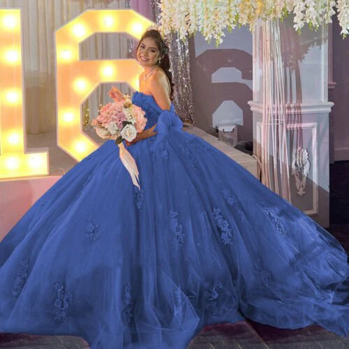 Gold Off Shoulder Tulle Quinceanera Dresses With Lace Appliques