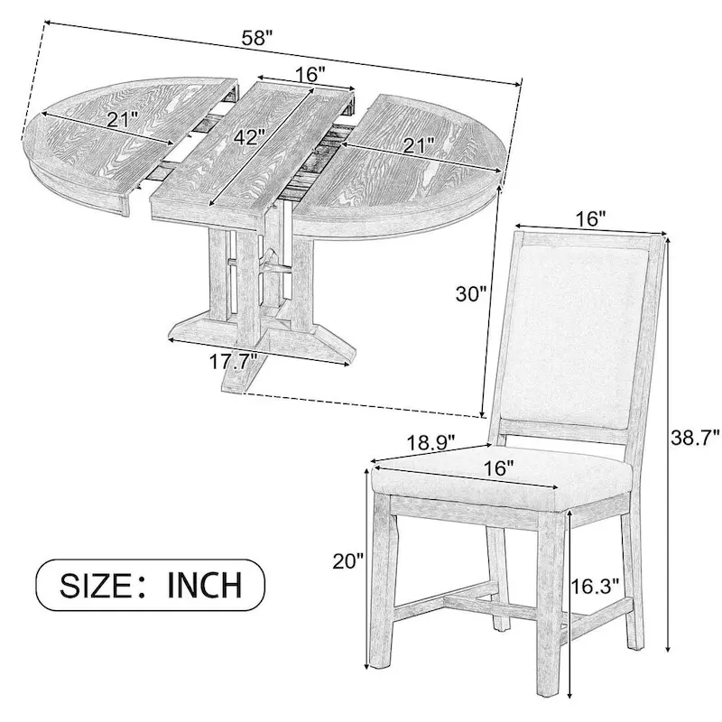 Farmhouse Retractable Round Table with 4 Upholstered Chairs