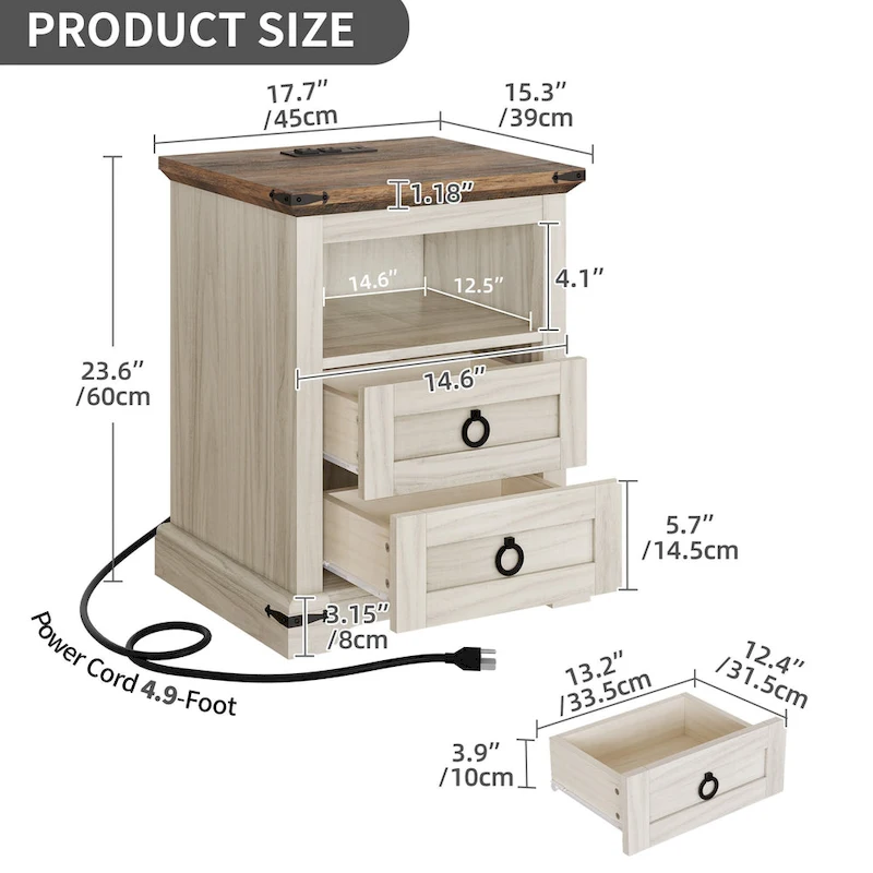 Moasis 2-Drawer LED Nightstand with Charging Station, End Side Table with Open Storage Shelf