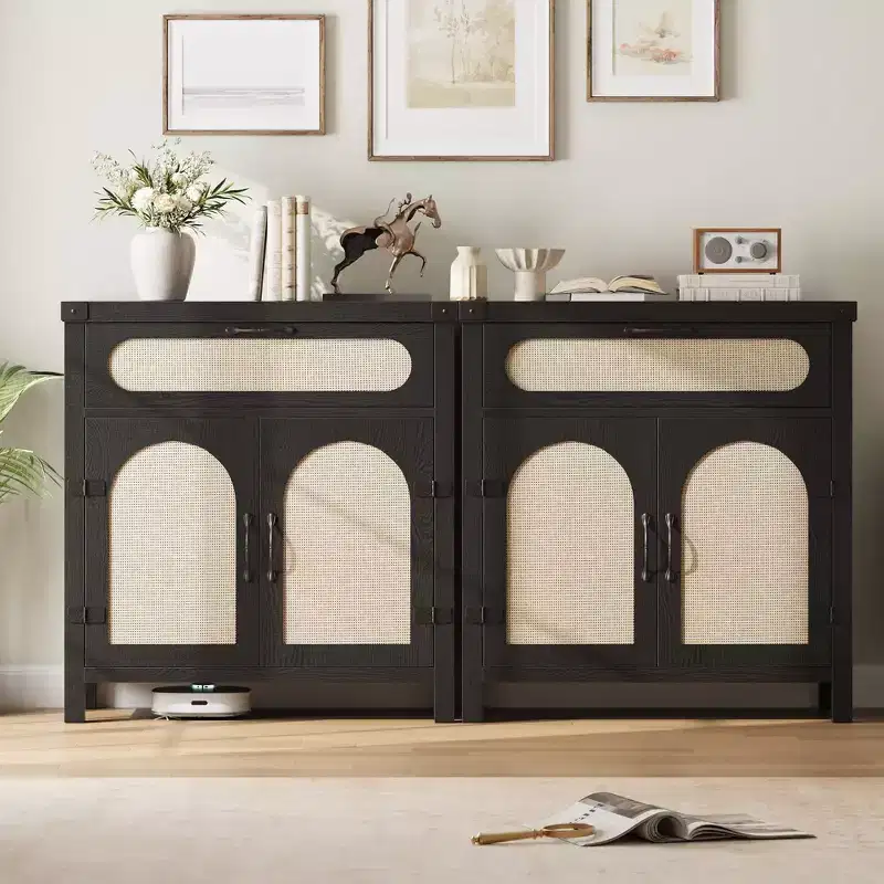 Rattan-Accent Sideboard  Natural Wood Buffet Cabinet with Drawer & Adjustable Shelves for Dining/Living Room/Kitchen