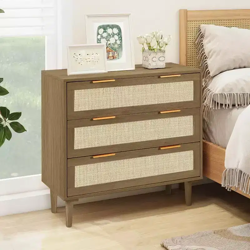TYBOATLE Rattan Dresser, 3 Drawer Chest with Boho Cane Details, Mid-Century Modern Storage Organizer for Bedroom, Living Room