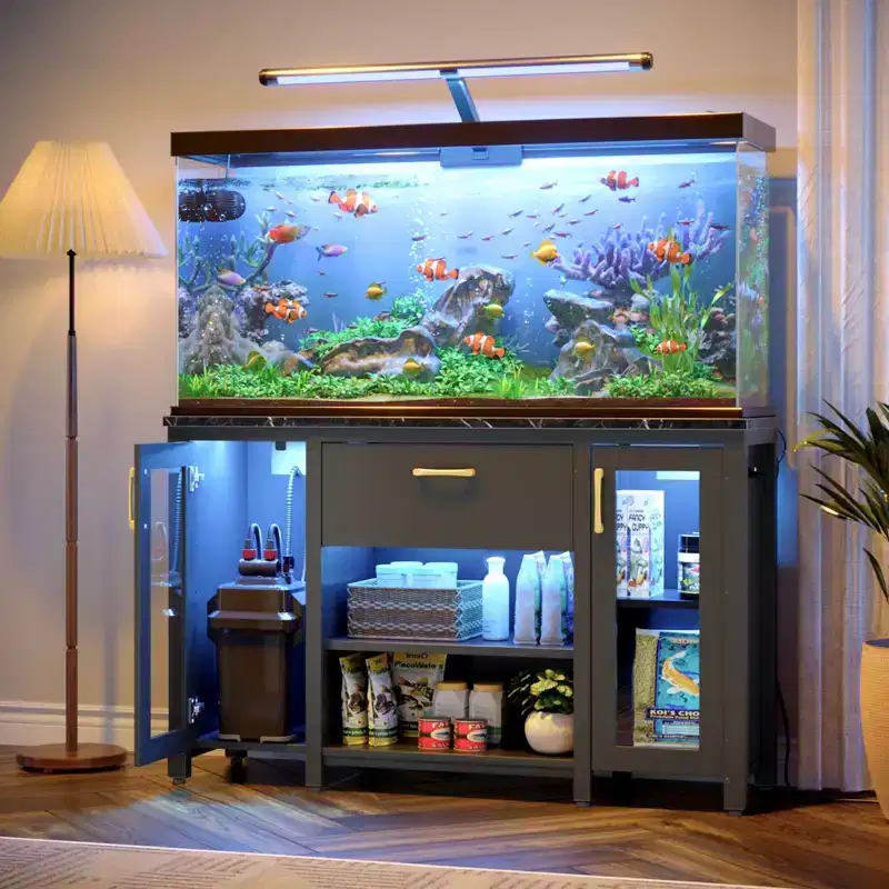 Bestier 55 Gallon Fish Tank Stand Metal Aquarium Stand with Storage Cabinet & Power Outlets LED Light, 750lbs Capacity, Black