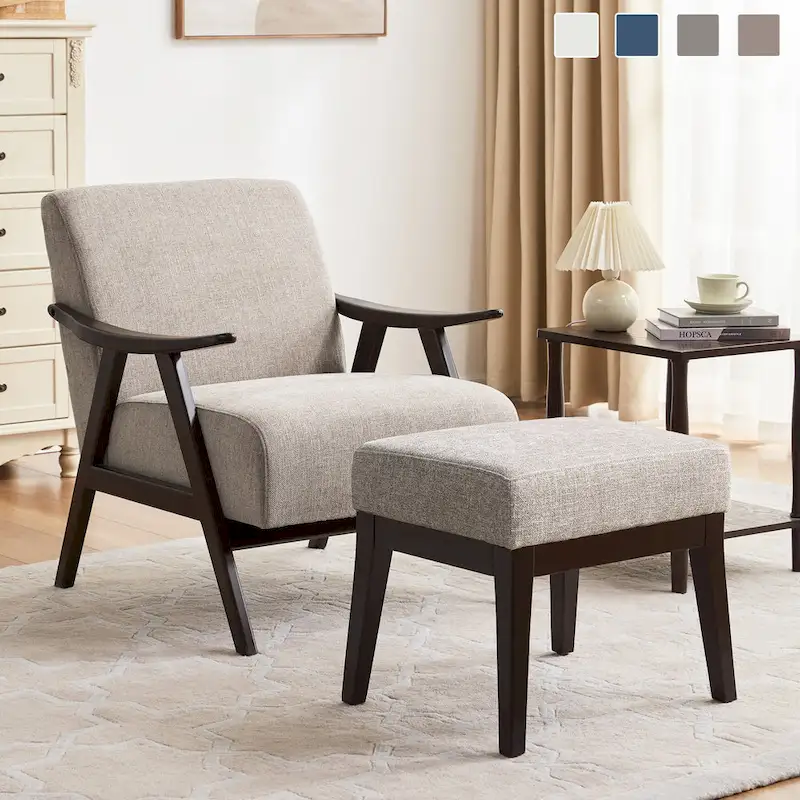 Mid Century Modern Boucle Upholstered Armchair and Ottoman for Living Room, Bedroom