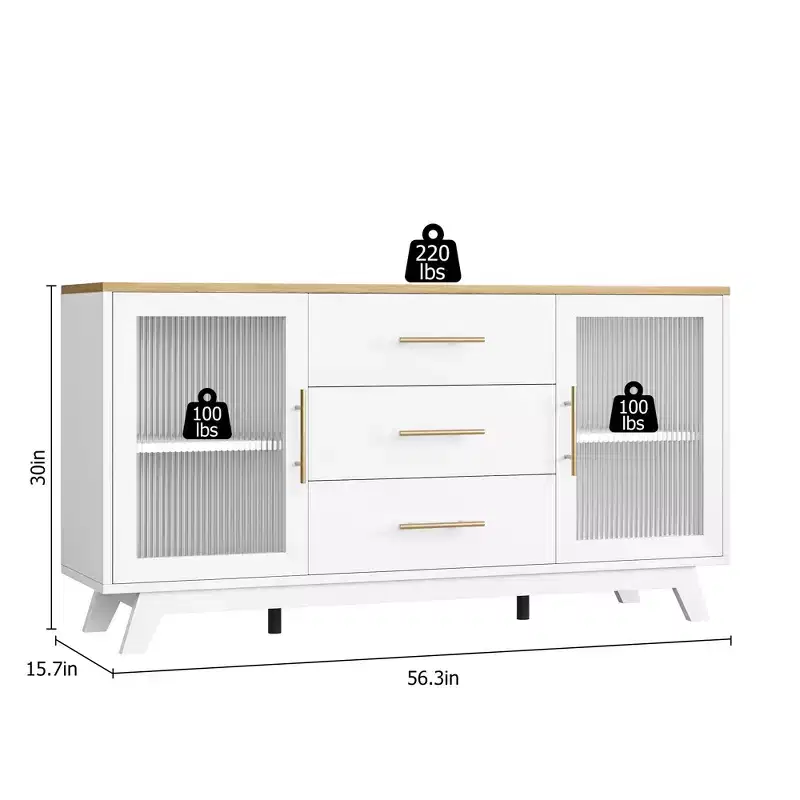 CuisinSmart 56'' Buffet Cabinet Sideboard with Fluted Glass Doors+Gold Handles, Coffee Bar Cabinet with Adjustable Shelves, for Dining&Living Room