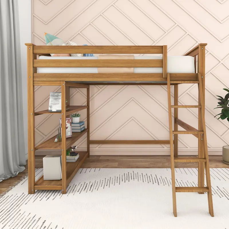 Full Size High Loft Bed with Bookcase and Ladder