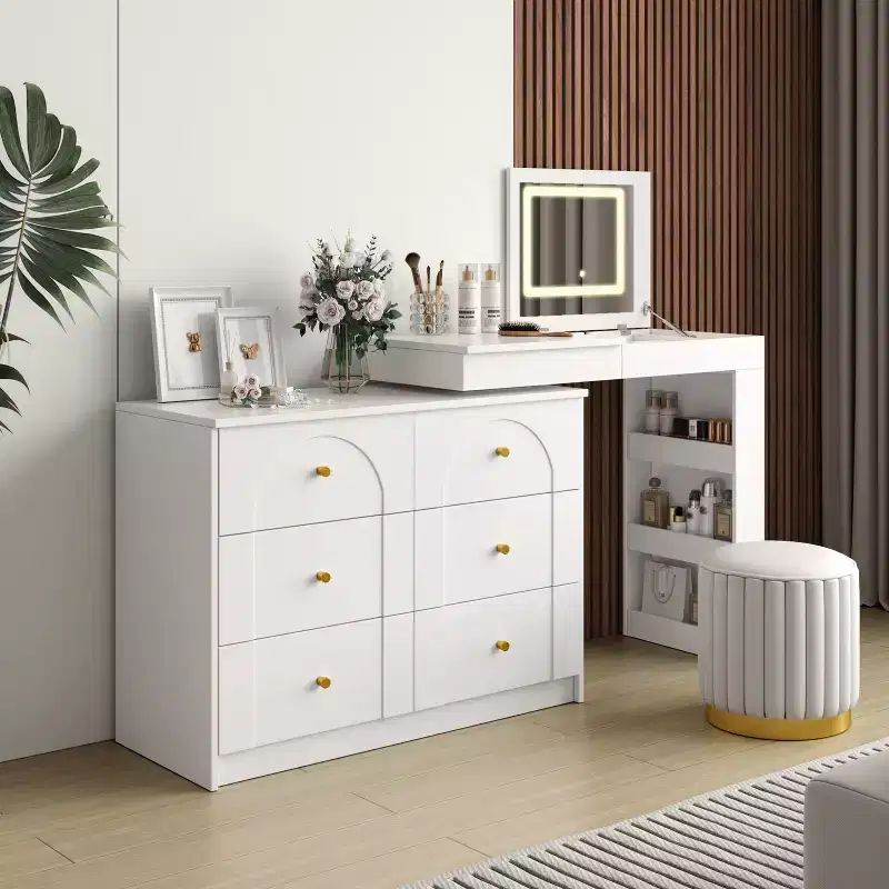JVNOXK Vanity Desk with LED Mirror and Lights, Flip-Top Makeup Vanity Table with 7 Drawers, 9 Compartments, 3 Shelves, 3 Color Modes Adjustable, White