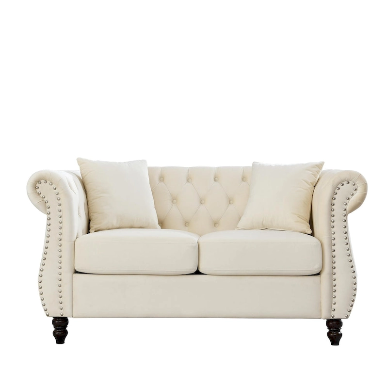 Velvet Chesterfield Loveseat Sofa, Rolled Arms, Nailhead Trim