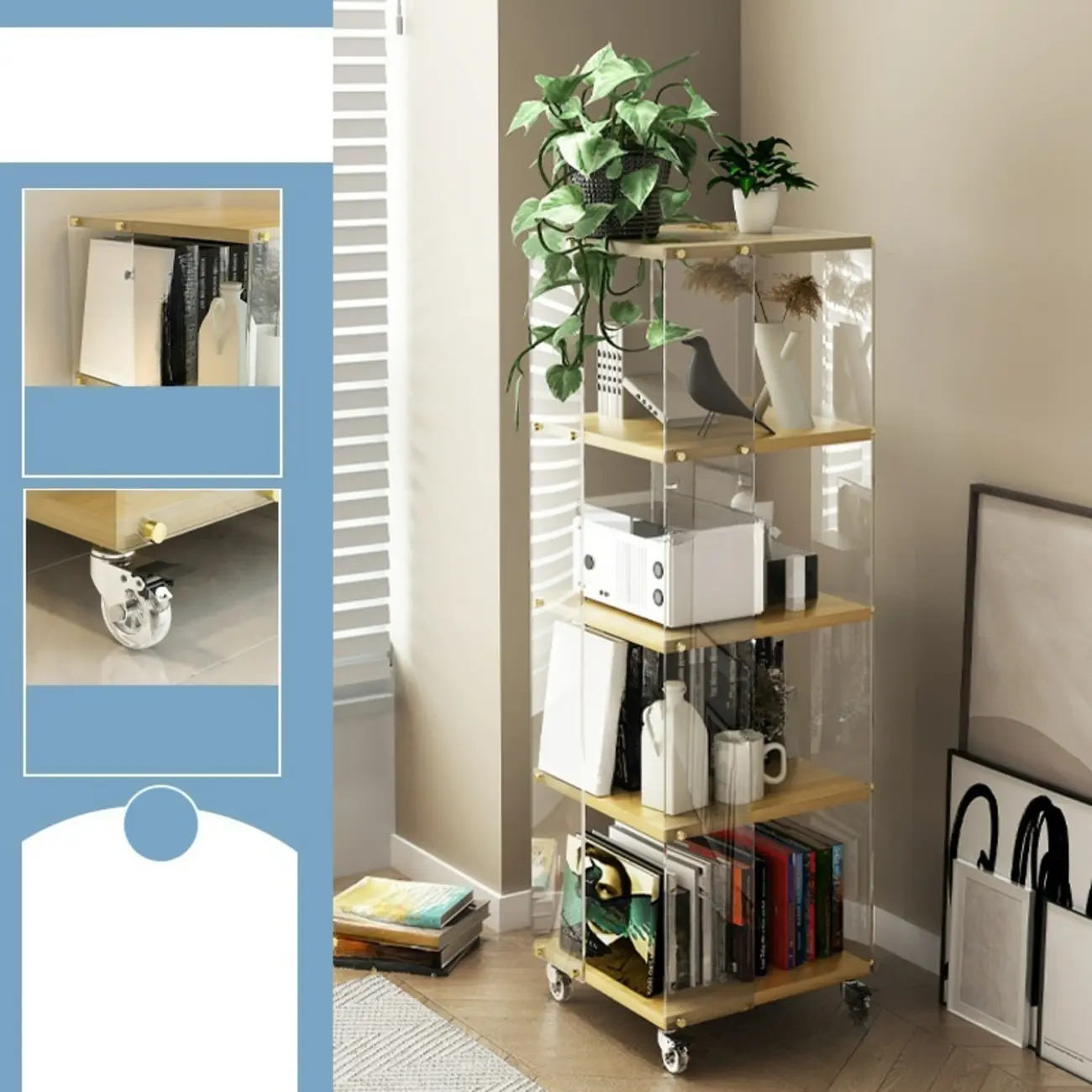 Acrylic 4-Tier Narrow Open Back Bookcase with Wheels