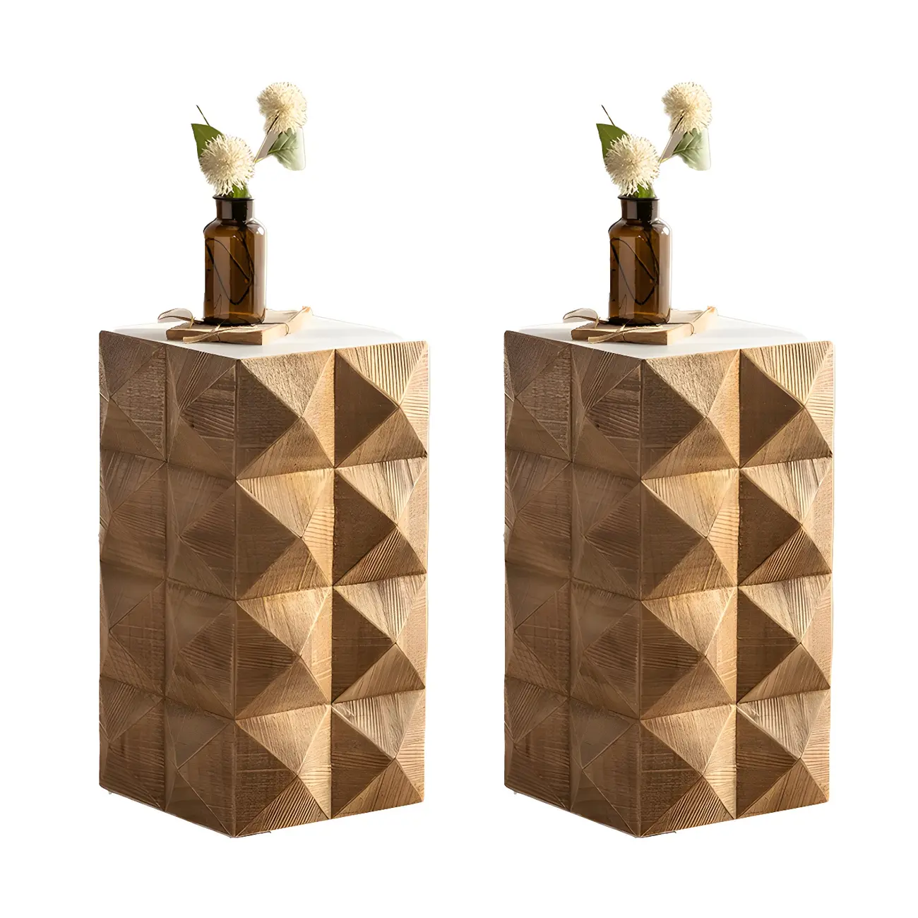 Elegant Geometric Wooden Block Accent Side Table