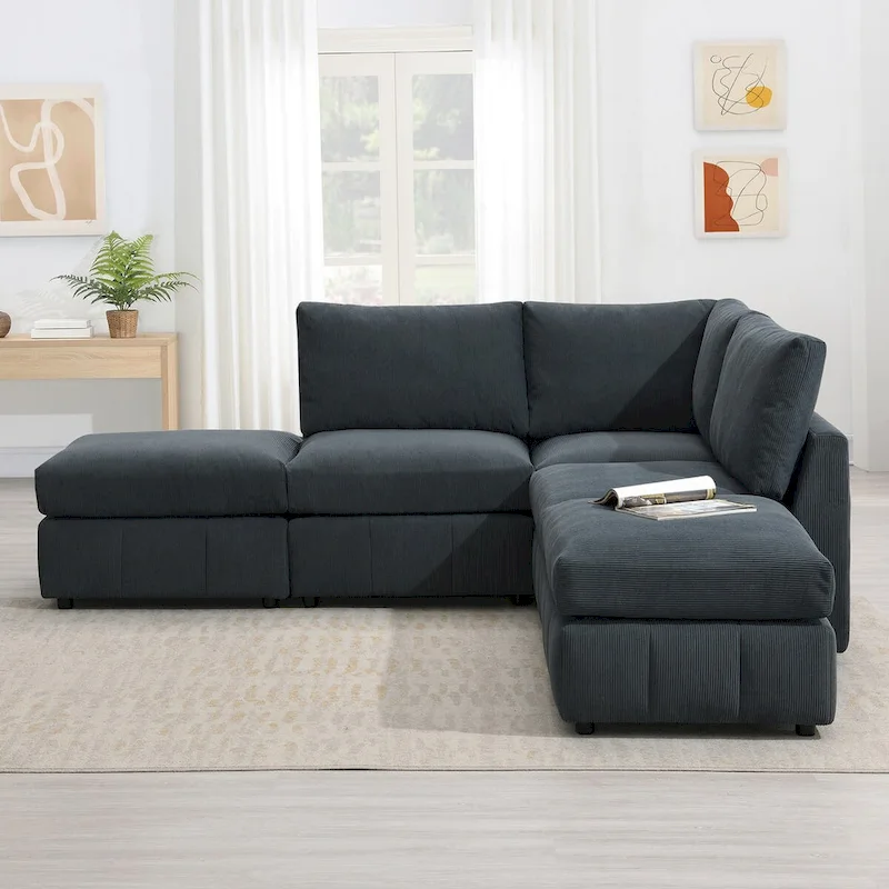 Modern L-Shape 5-Seat Sectional Sofa, Armless Couch Set,Ottomans,Various Combinations,Dark Gray