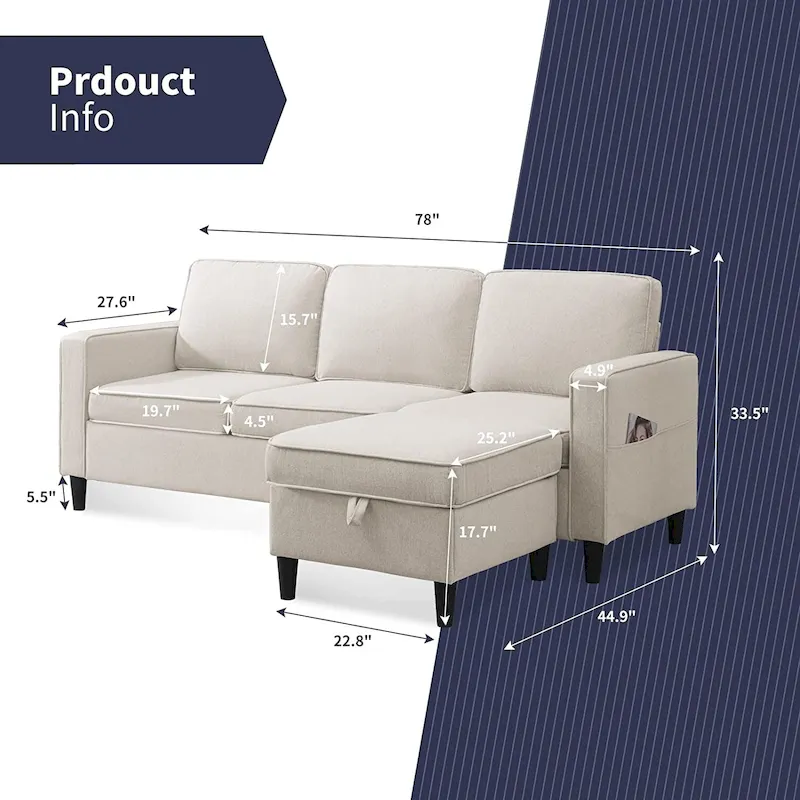 Mixoy 78inch Modern 3-Seat L Shaped Upholstered Sofa with Ottoman