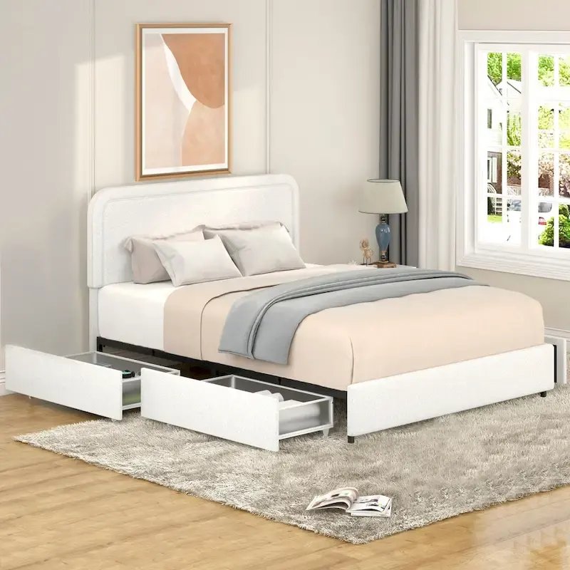 Queen Sized Boucle Upholstered Platform Bed with Drawers, Ivory