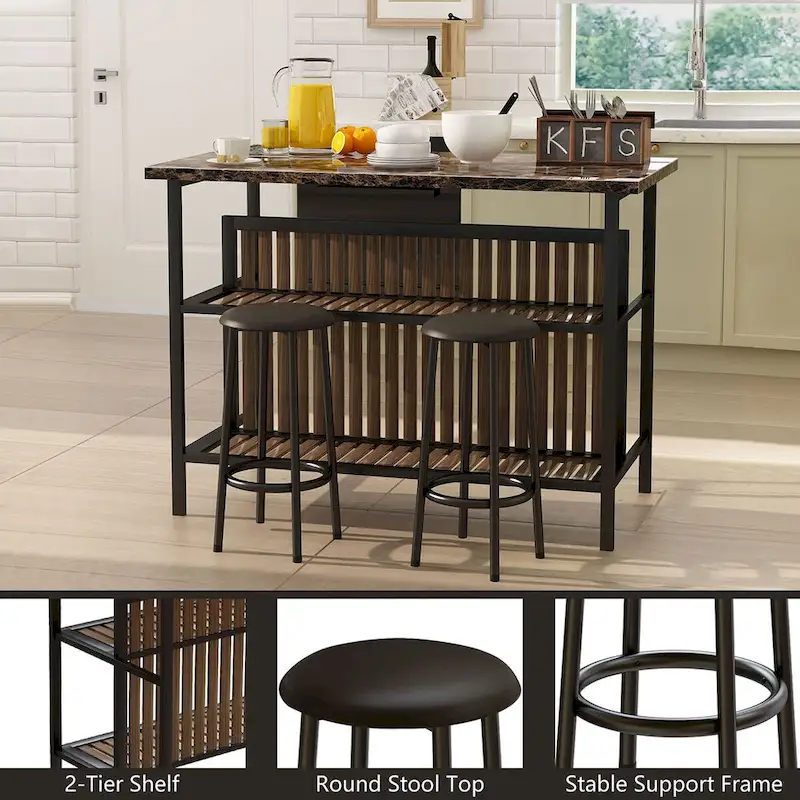 Grondin Mid-Century Modern 3-Piece Faux Marble Top Kitchen Island Set with 2 Stools and Shelves - N/A
