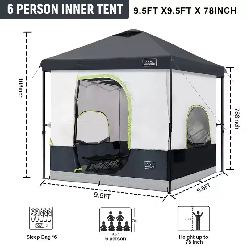 KAMPKEEPER 10x10 Pop Up Canopy with Camping Inner Tent, Fits 6 Person, Black