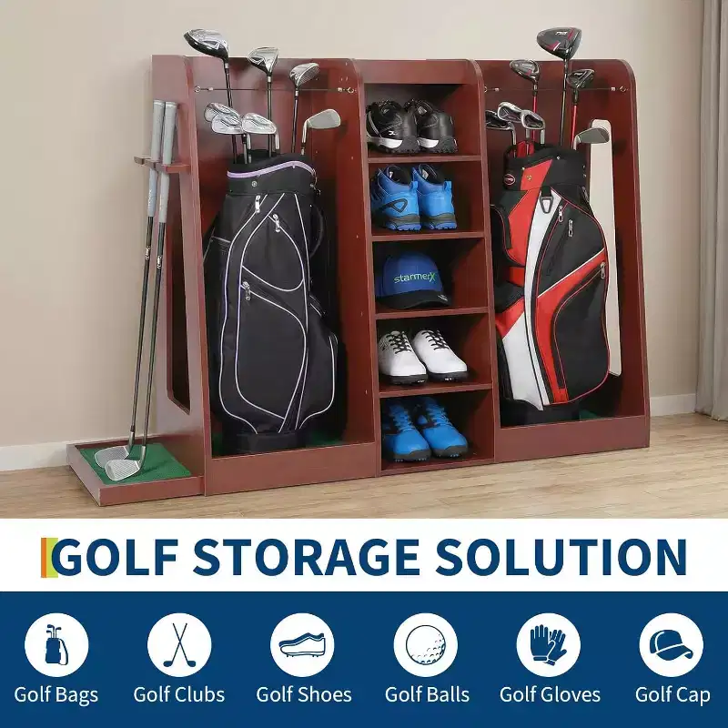 Golf Bag Organizer Rack, Holds 2 Golf Bags MDF Storage Stand for Golf Clubs Shoes Accessories Garage Organization, Gift for Golfers, Husband, Daddy