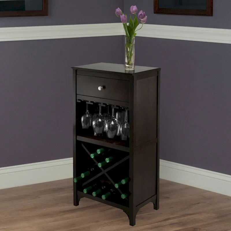 Espresso Wine Cabinet with Drawer, Glass Hangers & X Wine Storage — Solid & Composite Wood