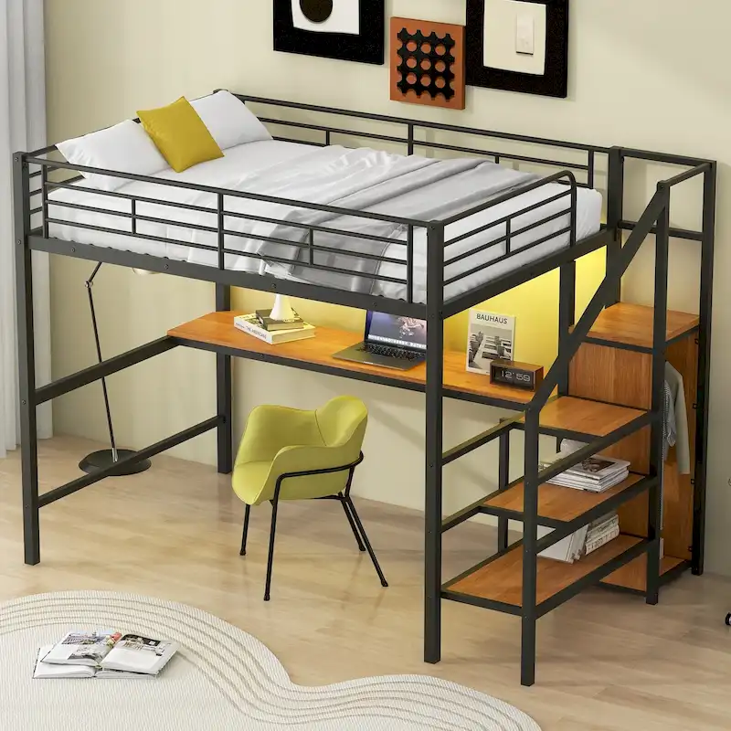 Black Full Size Metal Loft Bed with Desk, Wardrobe & LED Light, 1-Person