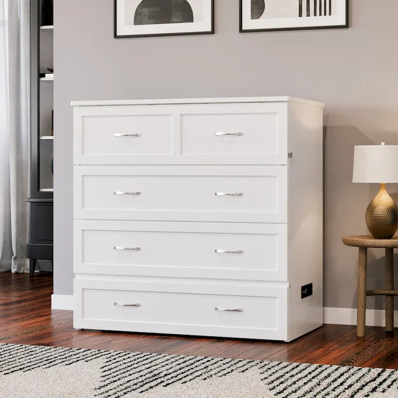 Twin XL Murphy Bed Chest with Mattress Included, White Space-Saving Wall Bed Cabinet